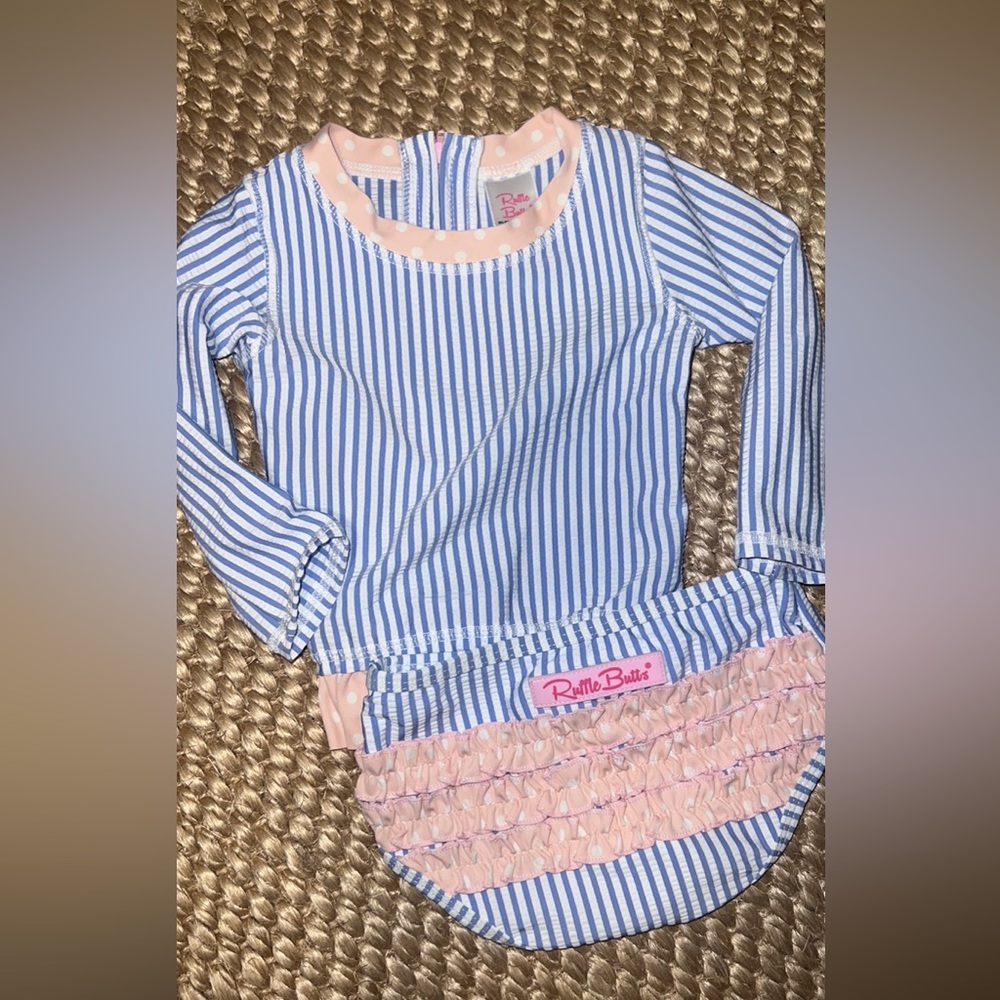 Ruffle Butts Blue and Pink Striped Kids Swim Rashguard